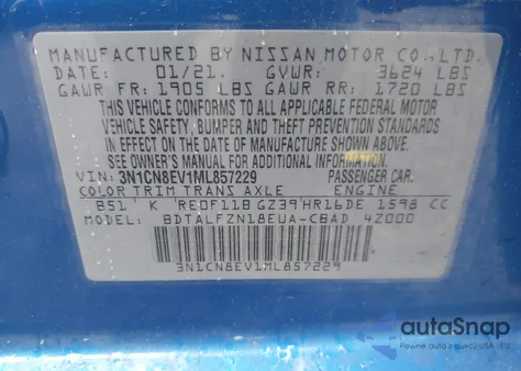 2021 Nissan Versa Sv Xtronic Cvt из США, поврежденный, VIN 3N1CN8EV1ML857229